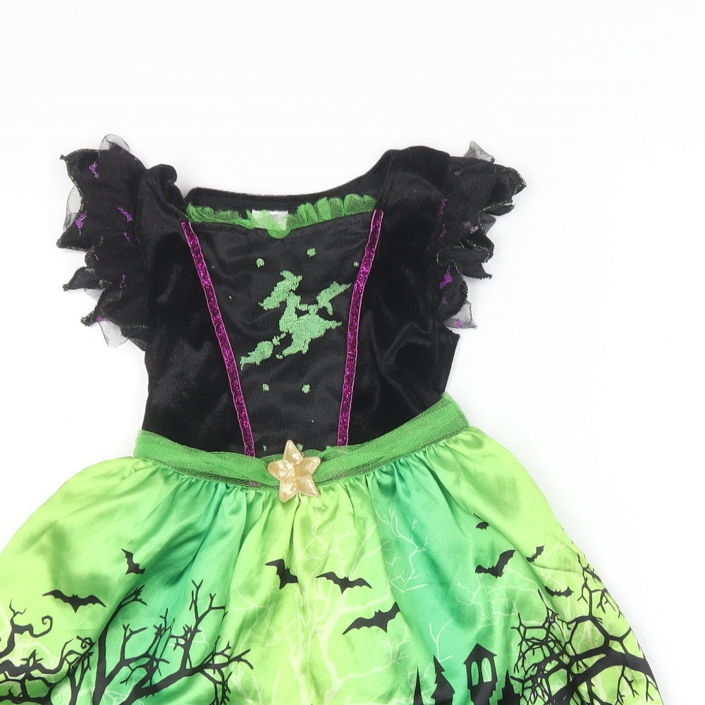 F&F Girls Green  Polyester Skater Dress  Size 2-3 Years  Round Neck  - Witch costume