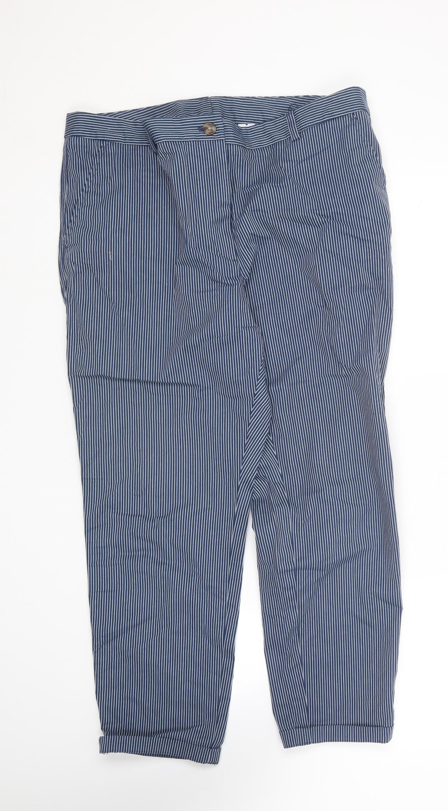 Marks and Spencer Womens Blue Striped Cotton Chino Trousers Size 18 L25 in Regular