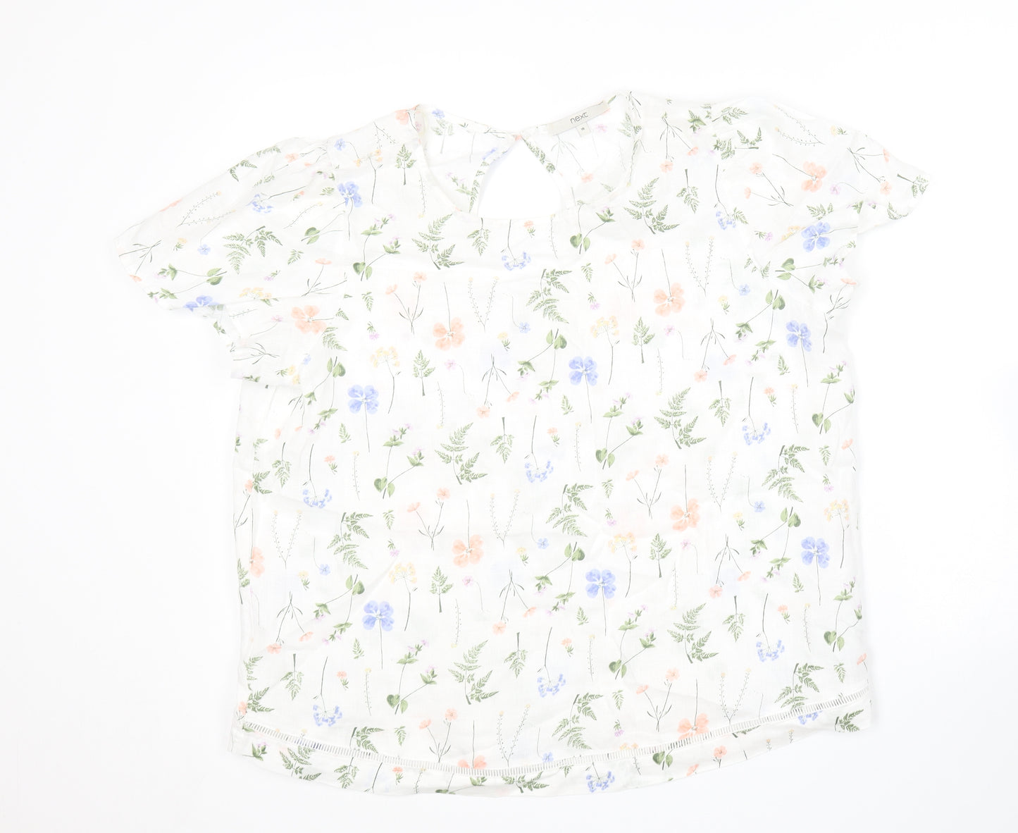 NEXT Womens White Floral Linen Basic Blouse Size 16 Round Neck