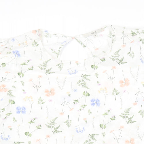 NEXT Womens White Floral Linen Basic Blouse Size 16 Round Neck