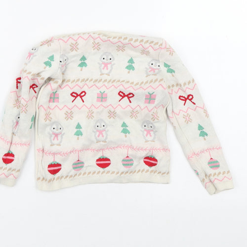 H&M Girls Beige Crew Neck Geometric Cotton Pullover Jumper Size 2-3 Years   - Christmas Jumper