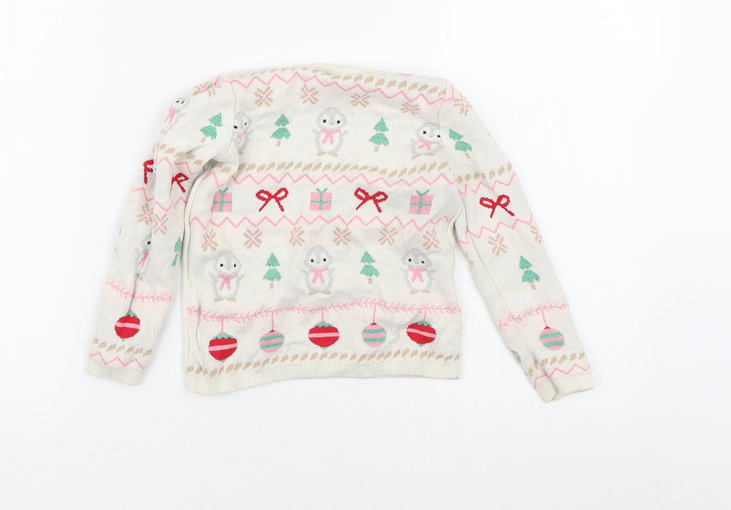 H&M Girls Beige Crew Neck Geometric Cotton Pullover Jumper Size 2-3 Years   - Christmas Jumper