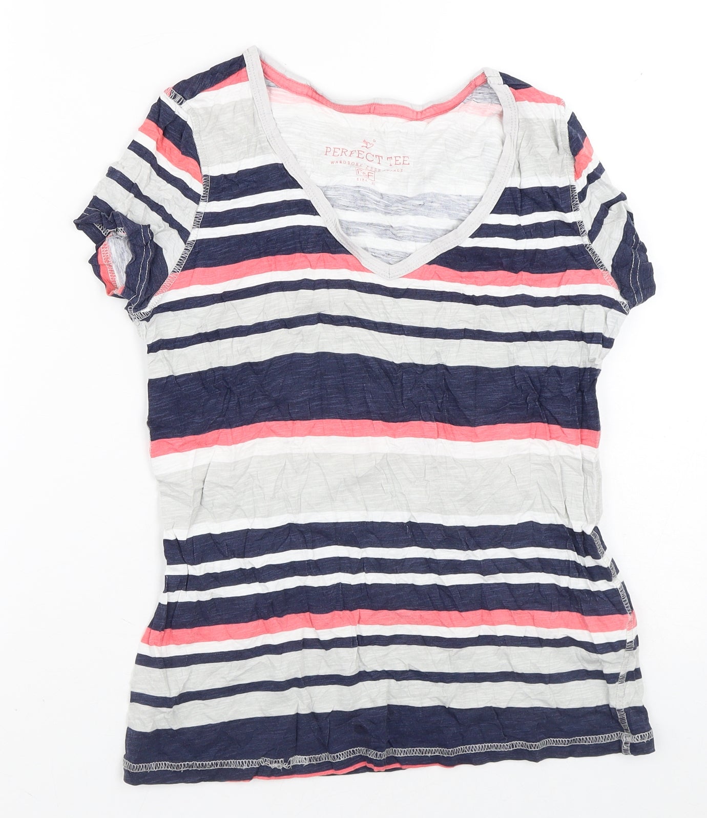 F&F Womens Grey Striped Cotton Basic T-Shirt Size 10 Round Neck