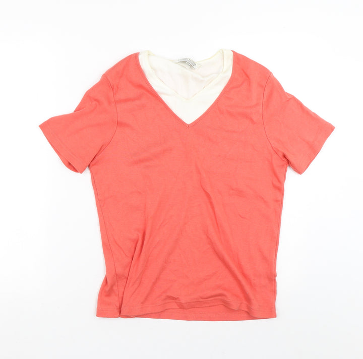 Carolyn Taylor Womens Orange Striped 100% Cotton Basic T-Shirt Size S V-Neck - Two Layers
