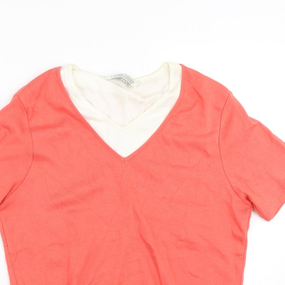 Carolyn Taylor Womens Orange Striped 100% Cotton Basic T-Shirt Size S V-Neck - Two Layers