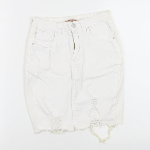 Mybestiny Womens White  Cotton Straight & Pencil Skirt Size XS    - Cut off Distressed