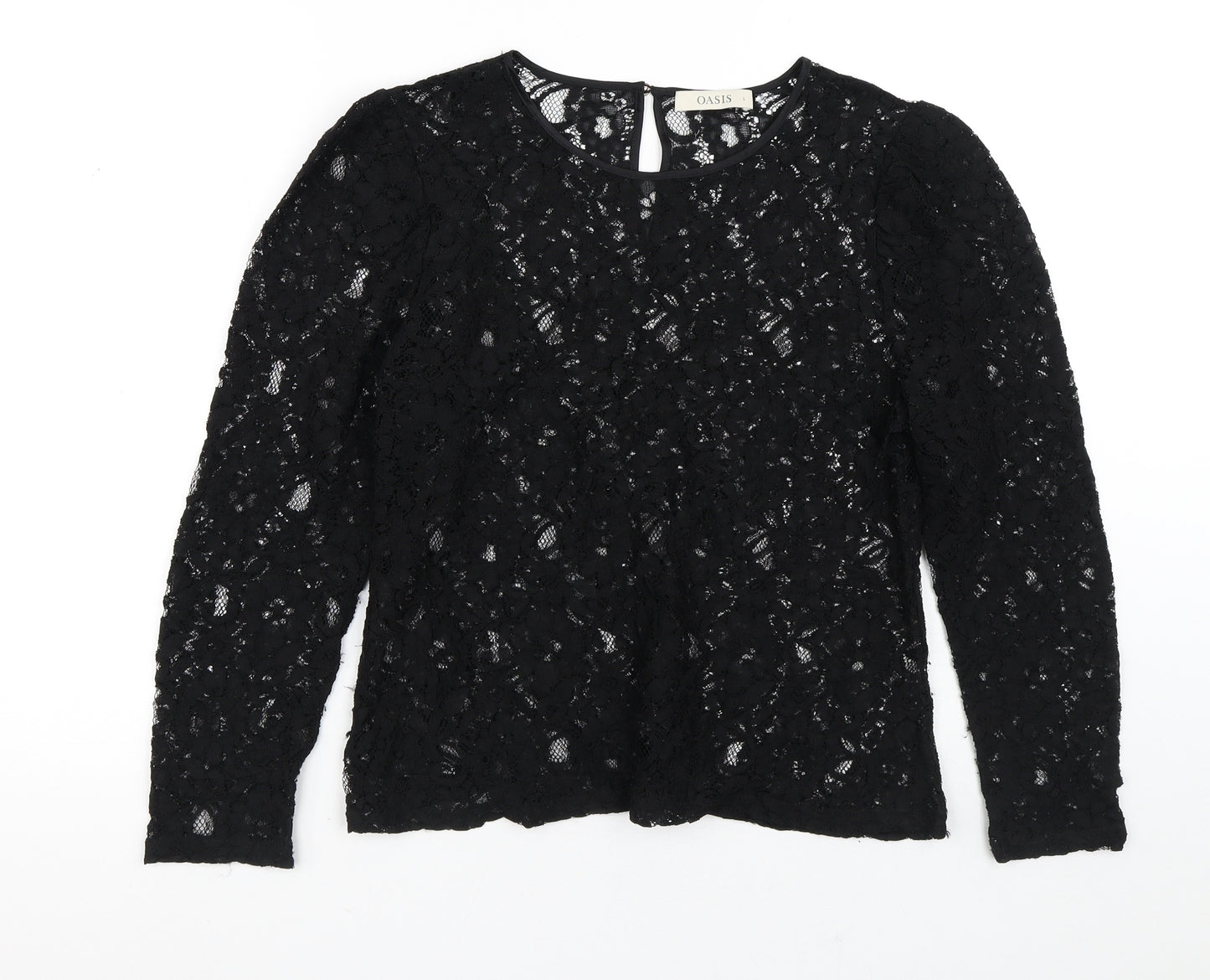 Oasis Womens Black Floral Polyester Basic Blouse Size L Round Neck