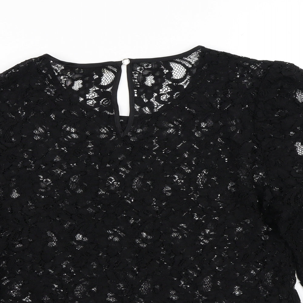 Oasis Womens Black Floral Polyester Basic Blouse Size L Round Neck