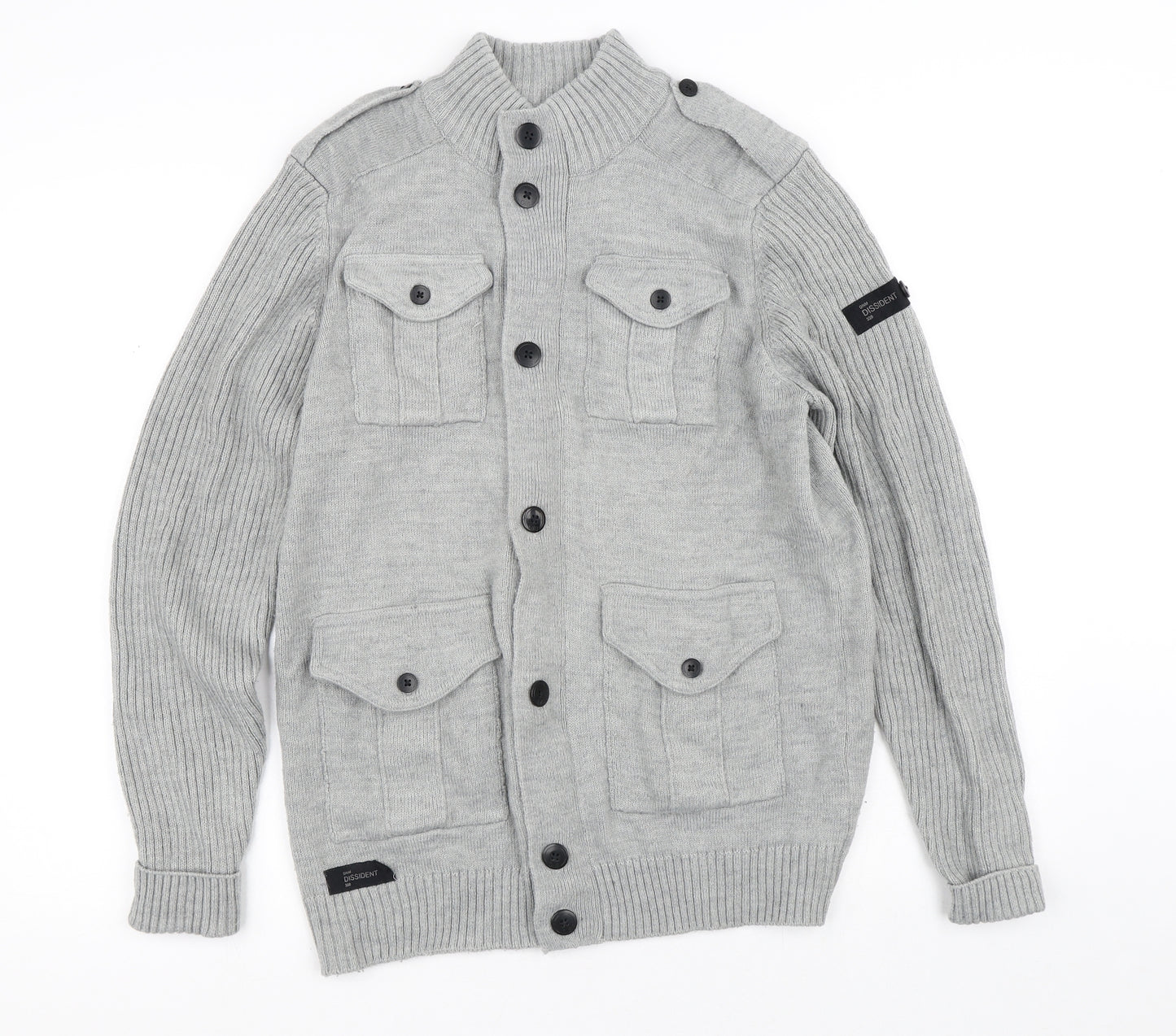DNM Dissident Mens Grey Crew Neck  Acrylic Cardigan Jumper Size M