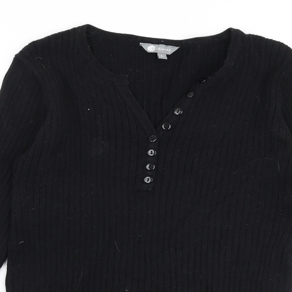 Moda Womens Black  Cotton Basic T-Shirt Size L V-Neck