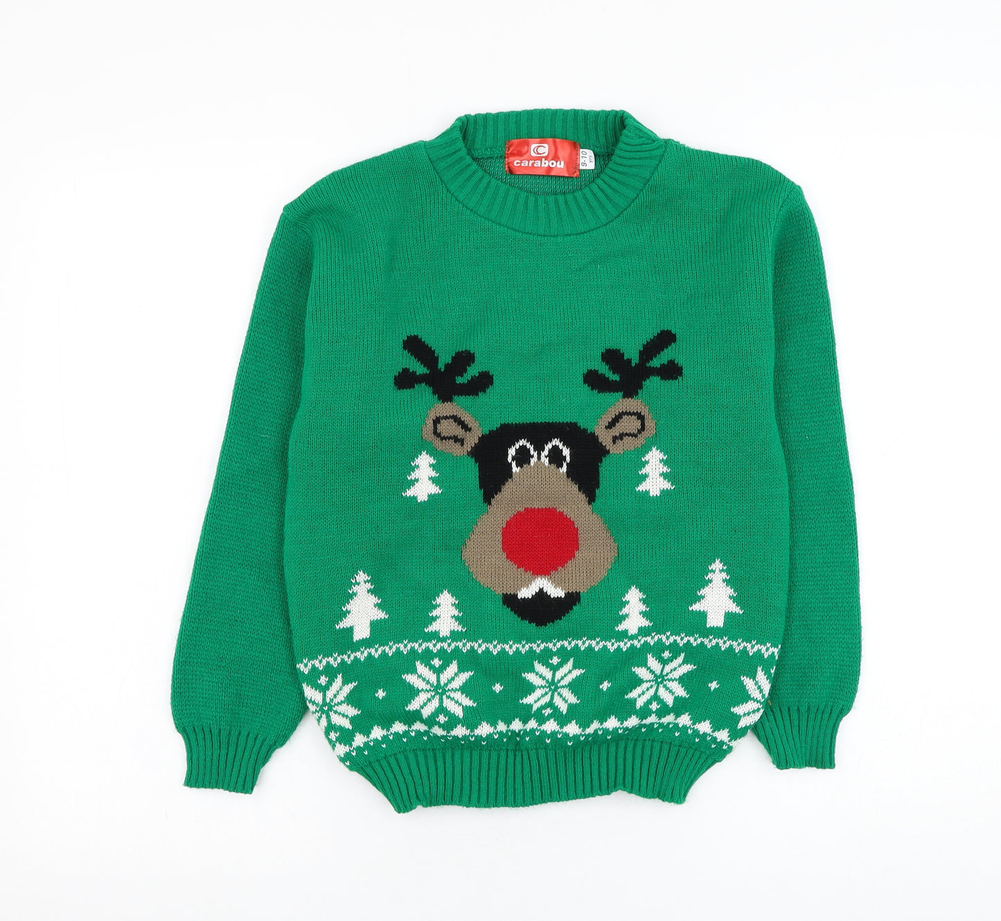 Carabou Boys Green Round Neck  Acrylic Pullover Jumper Size 9-10 Years  Pullover - Christmas, Reindeer