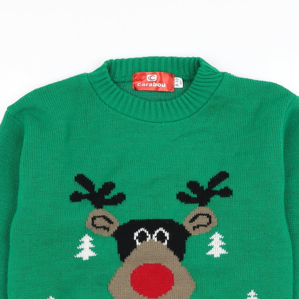 Carabou Boys Green Round Neck  Acrylic Pullover Jumper Size 9-10 Years  Pullover - Christmas, Reindeer