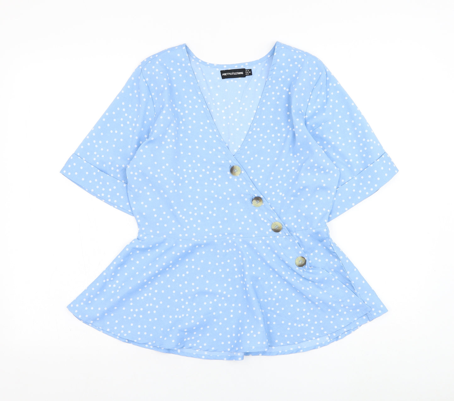 PRETTYLITTLETHING Womens Blue Polka Dot Polyester Basic Blouse Size 10 V-Neck
