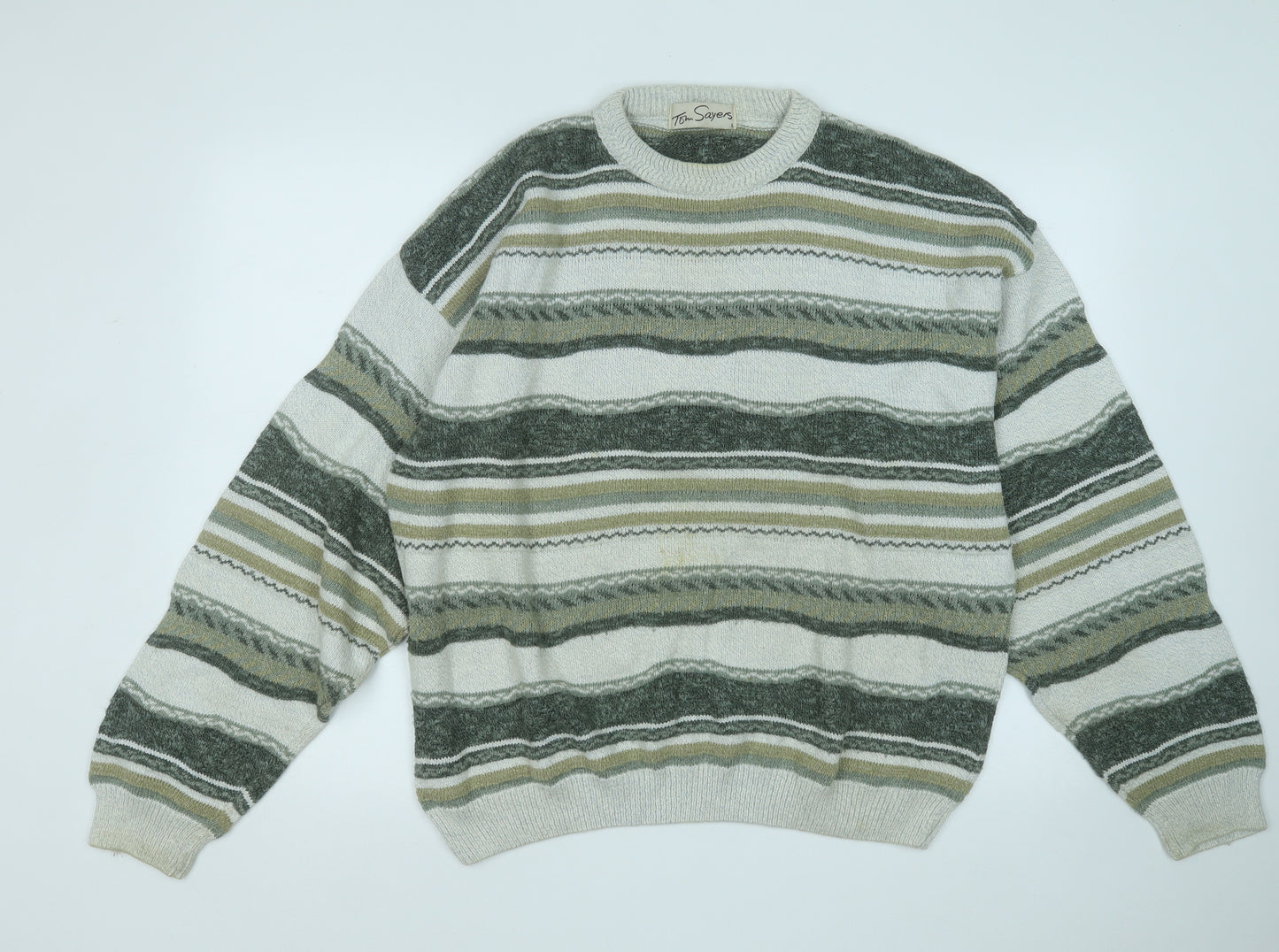 tom sayers Mens Green Round Neck Geometric Acrylic Pullover Jumper Size L