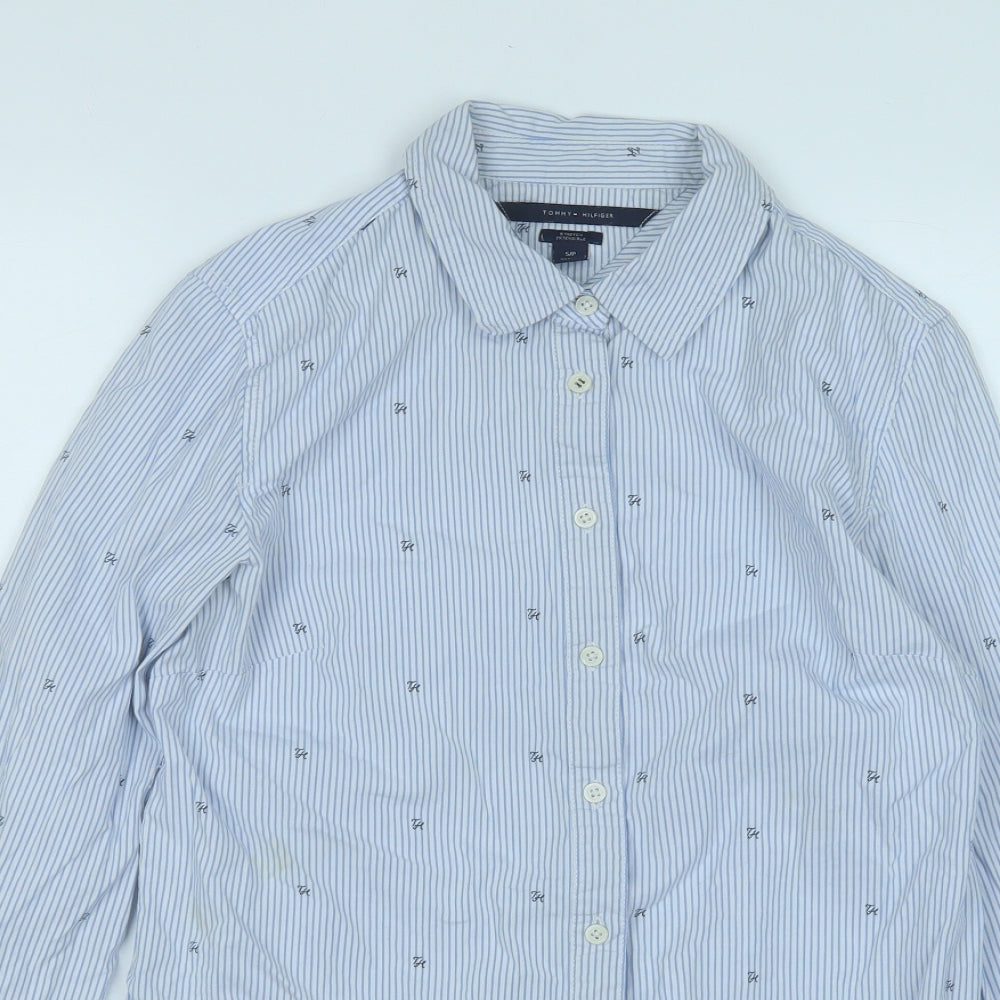 Tommy Hilfiger Womens Blue Striped 100% Cotton Basic Button-Up Size XS Collared