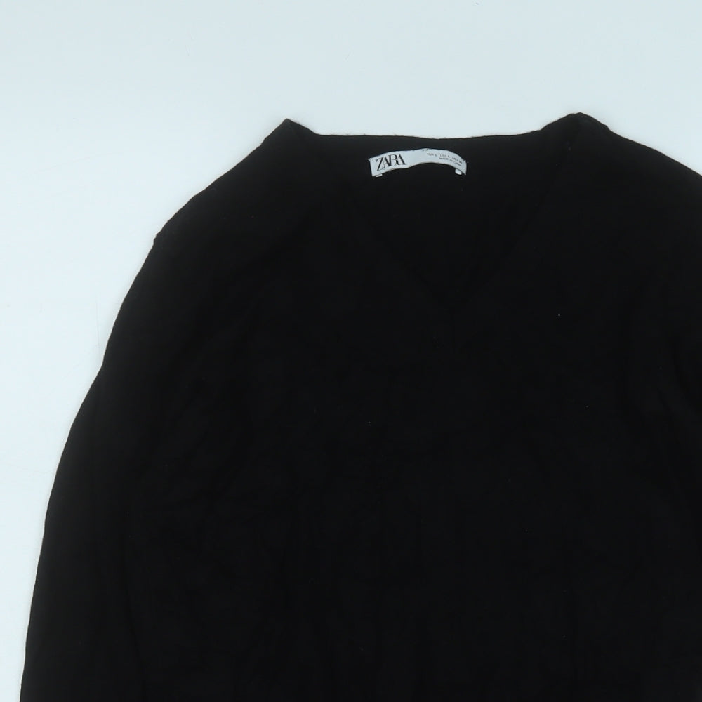 Zara Womens Black V-Neck  Viscose Pullover Jumper Size L