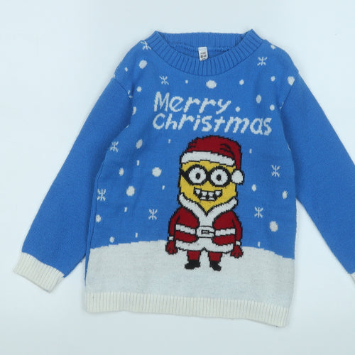 Preworn Boys Blue Round Neck  Acrylic Pullover Jumper Size 5-6 Years   - Christmas Jumper