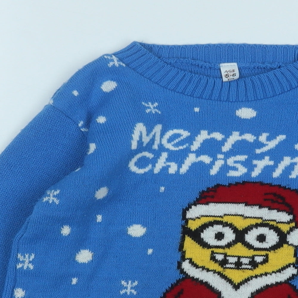 Preworn Boys Blue Round Neck  Acrylic Pullover Jumper Size 5-6 Years   - Christmas Jumper