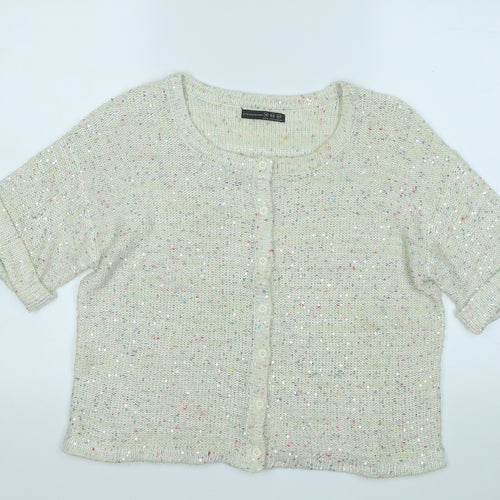 Atmosphere Womens White Round Neck Geometric Polyester Cardigan Jumper Size 16