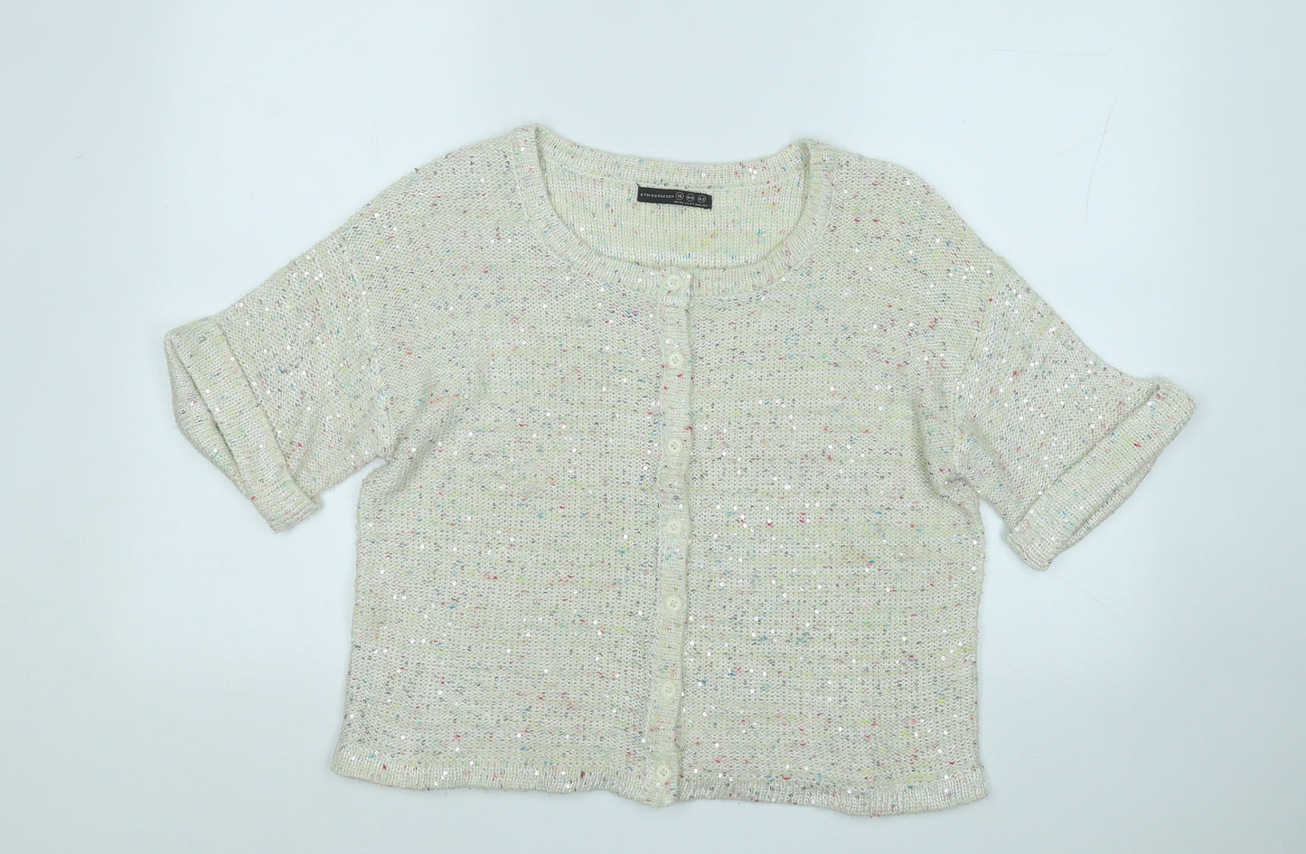 Atmosphere Womens White Round Neck Geometric Polyester Cardigan Jumper Size 16