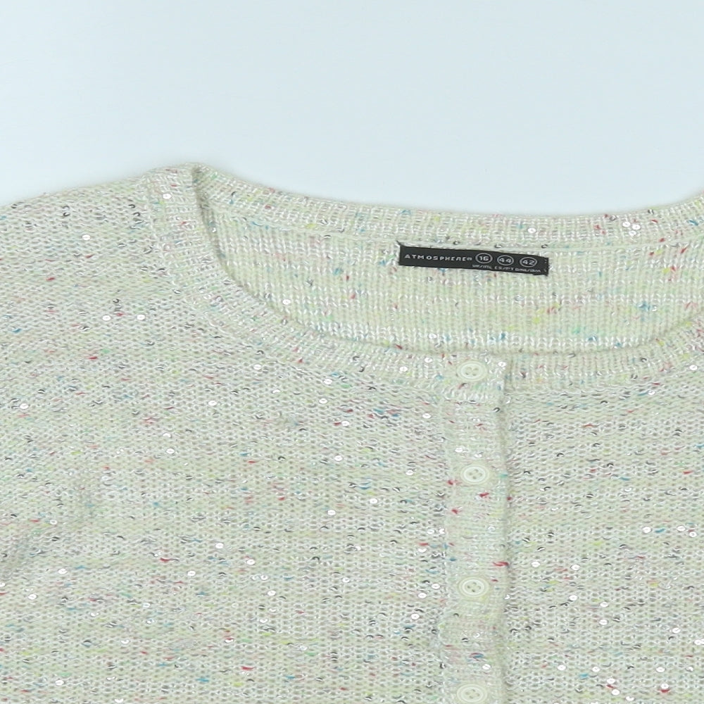Atmosphere Womens White Round Neck Geometric Polyester Cardigan Jumper Size 16