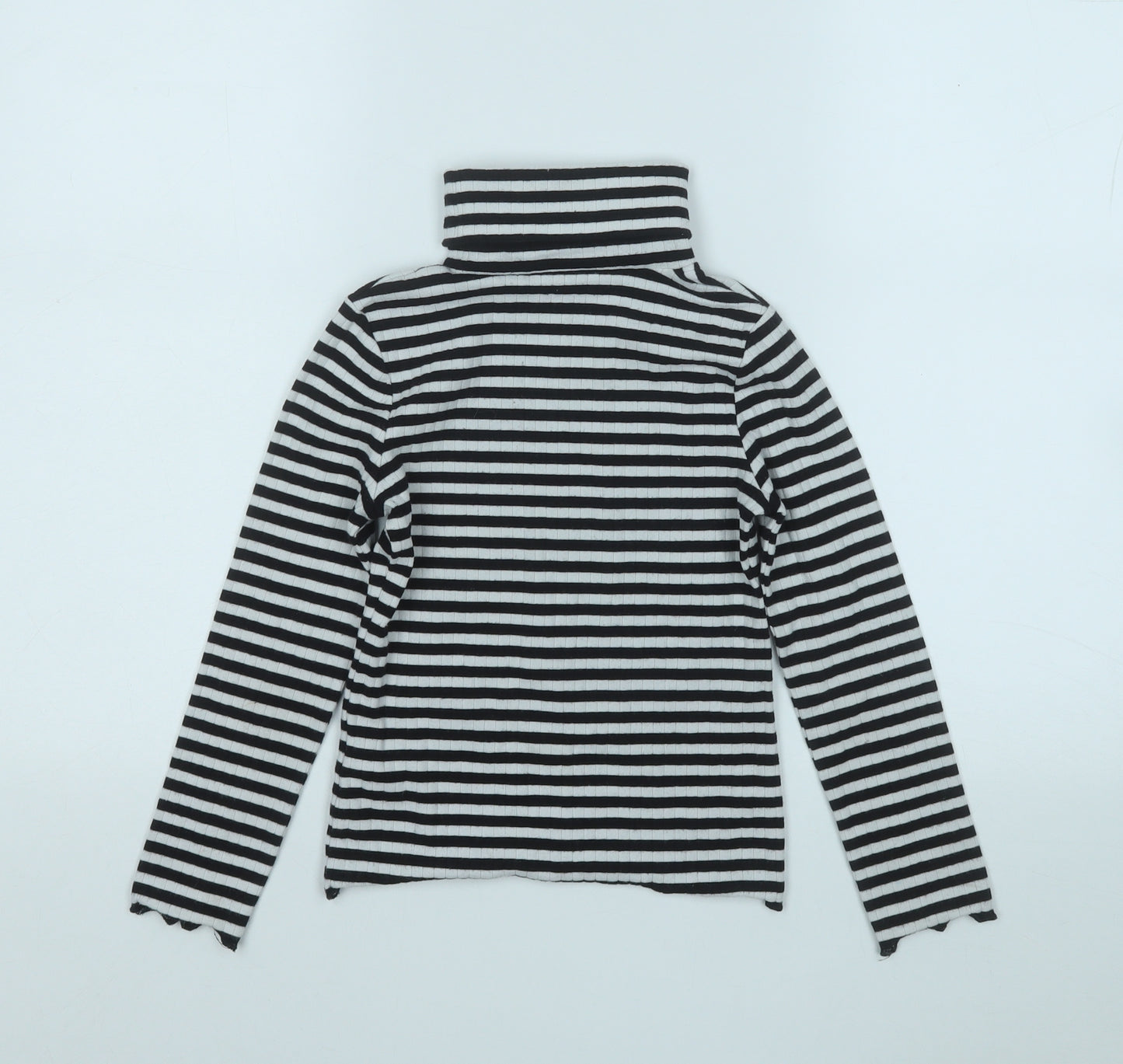 Marks and Spencer Girls White Roll Neck Striped Cotton Pullover Jumper Size 7 Years