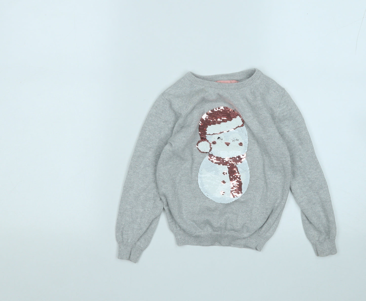 Primark Girls Grey Round Neck  Cotton Pullover Jumper Size 4-5 Years   - Snowman