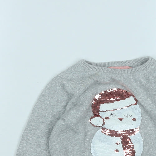 Primark Girls Grey Round Neck  Cotton Pullover Jumper Size 4-5 Years   - Snowman