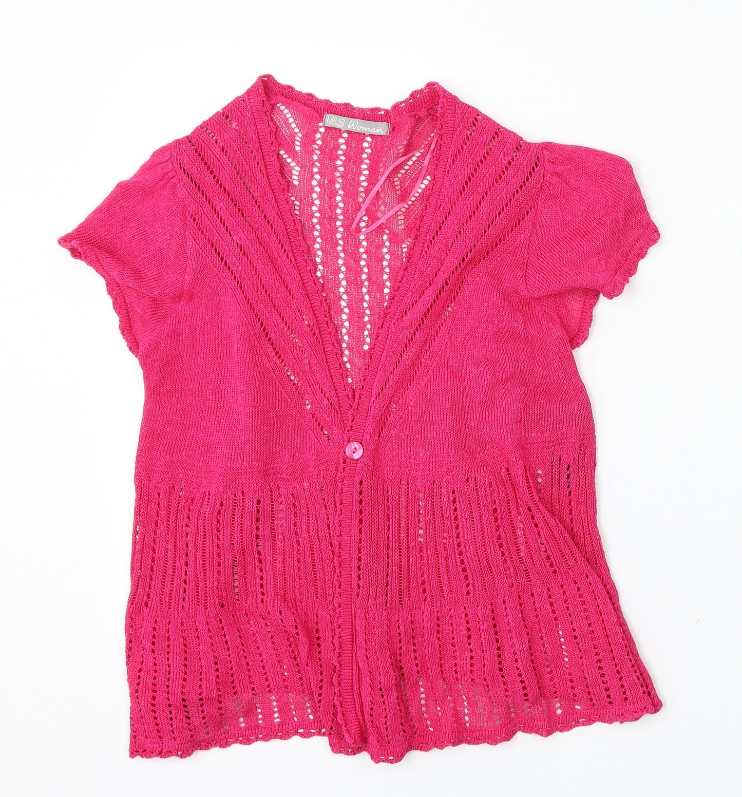 Marks and Spencer Womens Pink V-Neck  Linen Cardigan Jumper Size 12