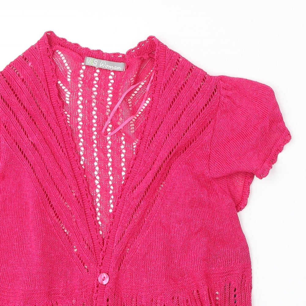 Marks and Spencer Womens Pink V-Neck  Linen Cardigan Jumper Size 12