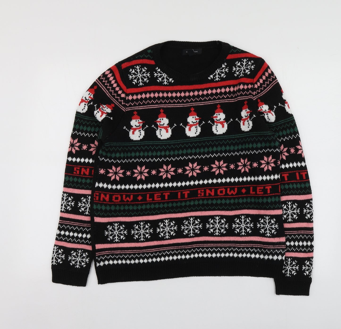 New Look Womens Black Round Neck Geometric Acrylic Pullover Jumper Size M   - Santa Jumper