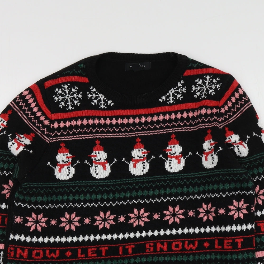 New Look Womens Black Round Neck Geometric Acrylic Pullover Jumper Size M   - Santa Jumper
