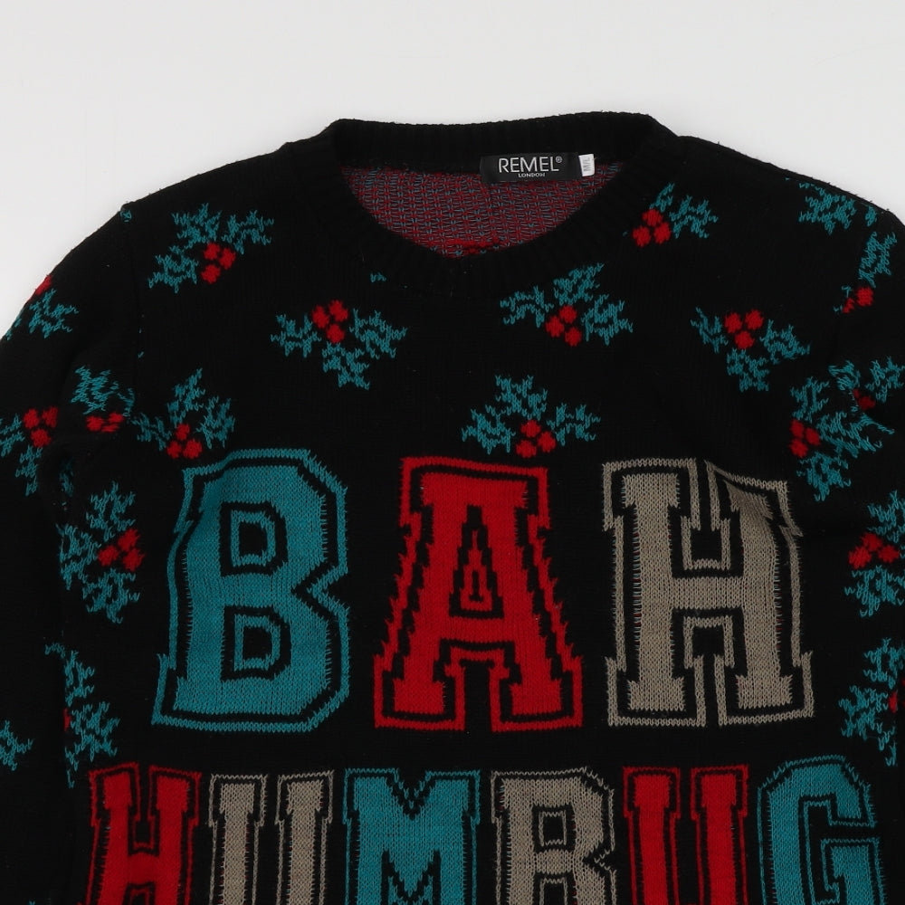 Remel Womens Black Round Neck Geometric Acrylic Pullover Jumper Size M   - Santa Jumper