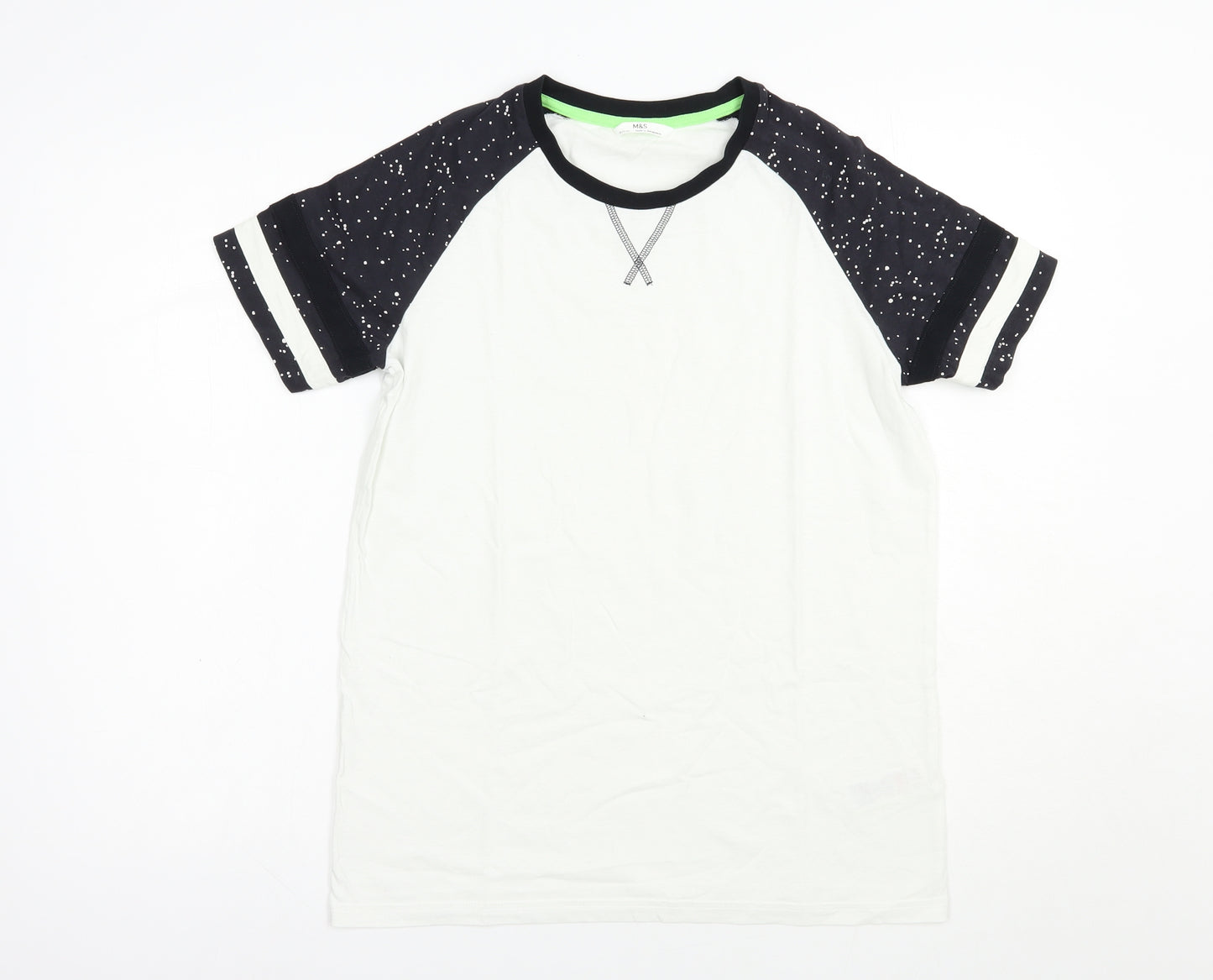 Marks and Spencer Boys White Colourblock Cotton Pullover T-Shirt Size 13-14 Years Crew Neck Pullover
