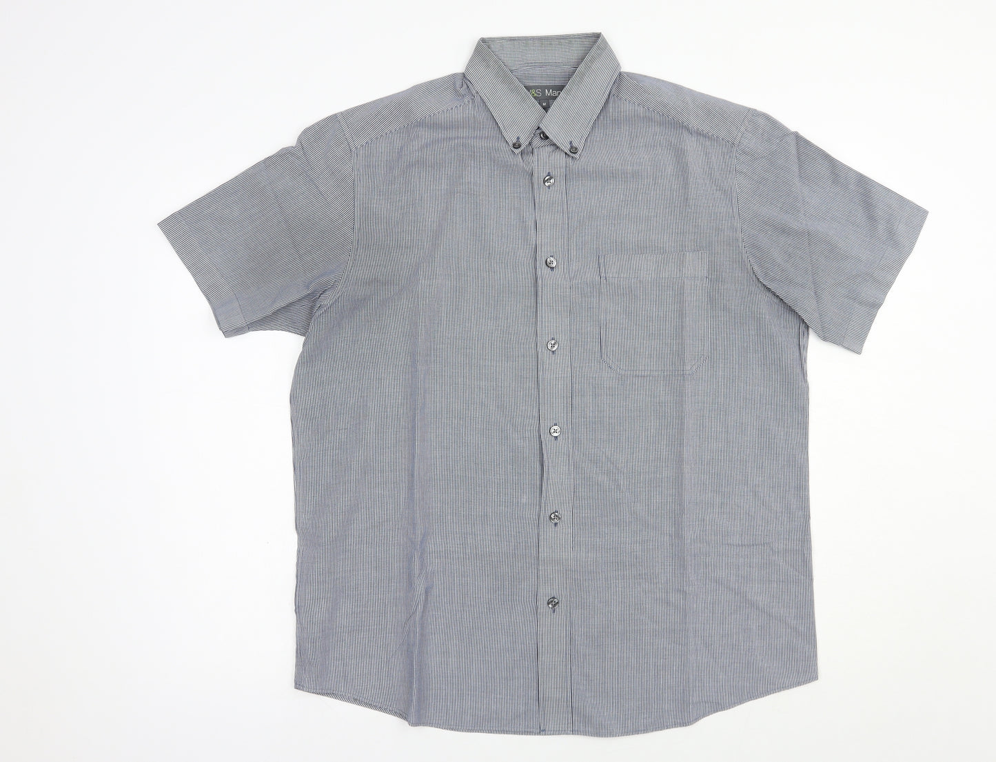 Marks and Spencer Mens Blue Check Polyester  Dress Shirt Size M Collared Button