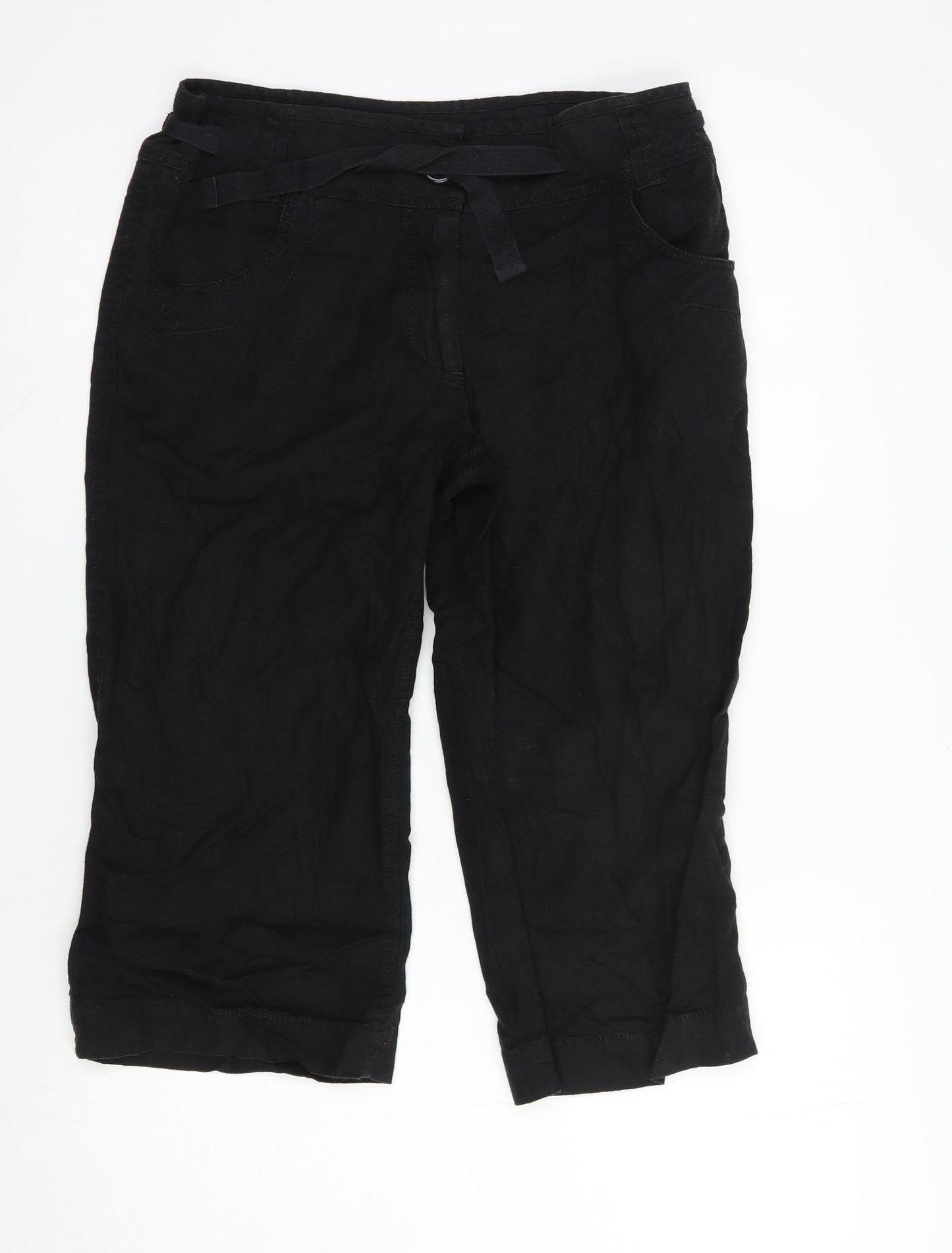 NEXT Womens Black  Linen Cropped Trousers Size 10 L20 in Regular Button