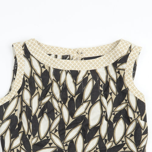 NEXT Womens Beige Geometric Linen Basic Blouse Size 12 Boat Neck