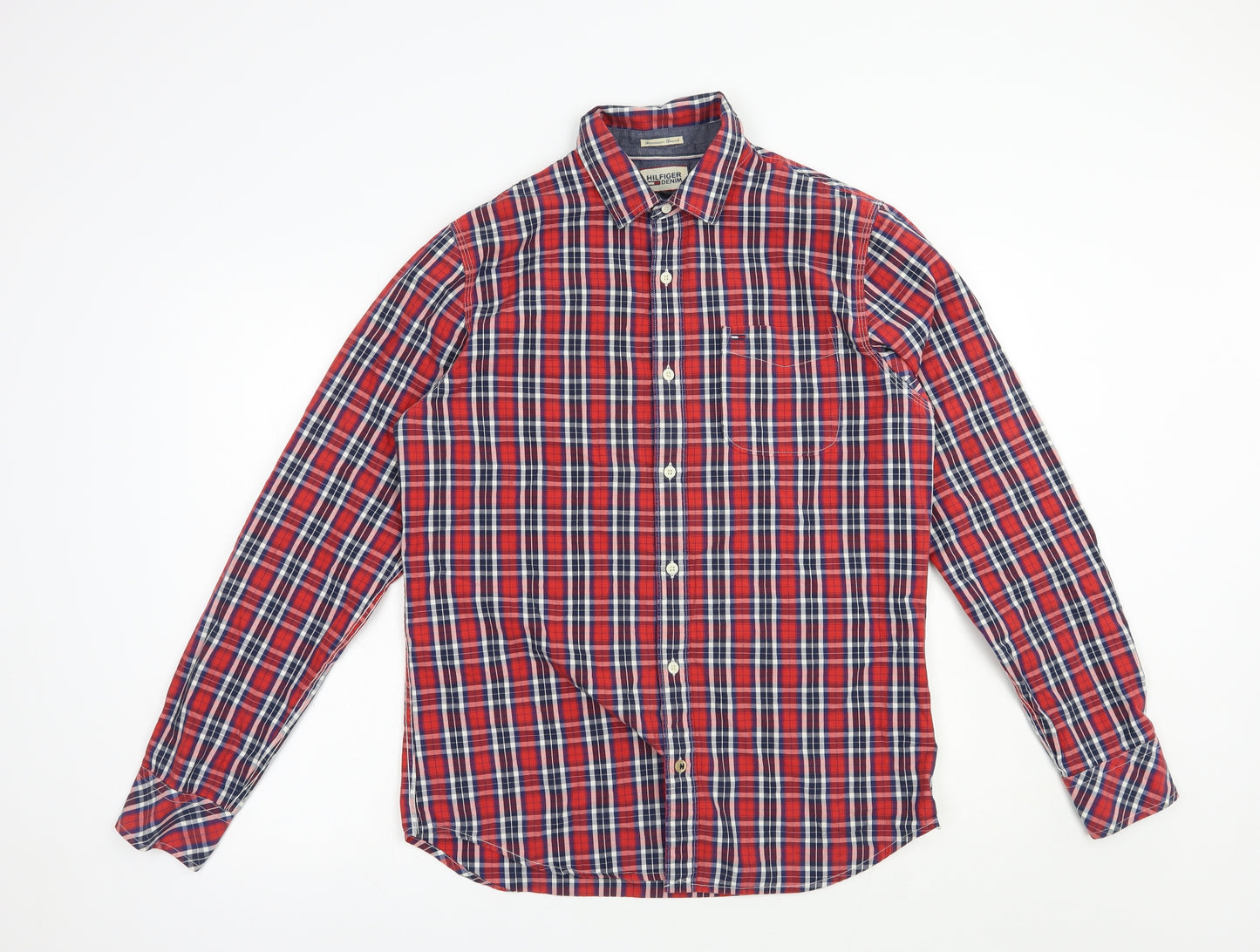 Hilfiger Denim Mens Red Plaid Cotton  Button-Up Size M Collared Button