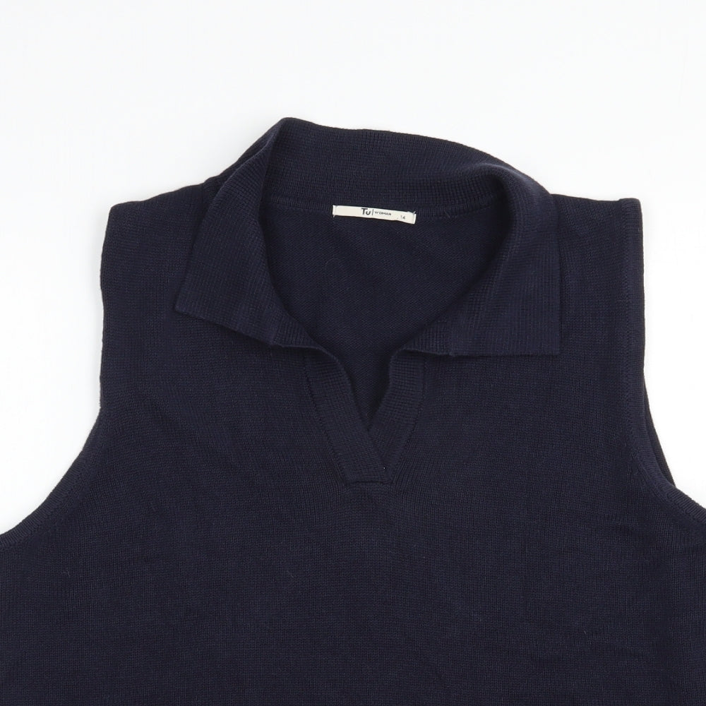 TU Womens Blue Collared  Cotton Vest Jumper Size 14