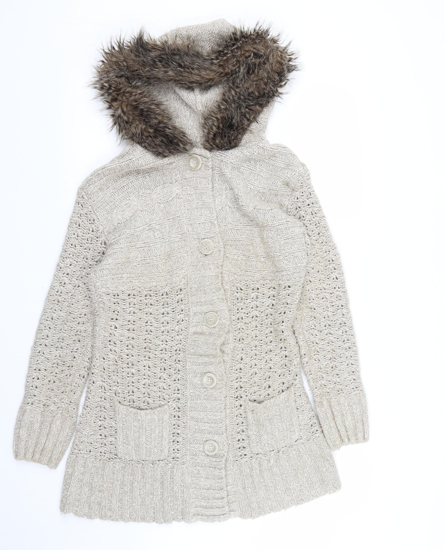 Matalan Womens Beige Round Neck  Acrylic Cardigan Jumper Size 12