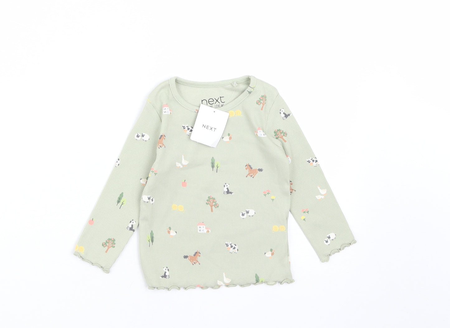 NEXT Girls Green  Cotton Basic Casual Size 6-9 Months Round Neck  - Farm Animals