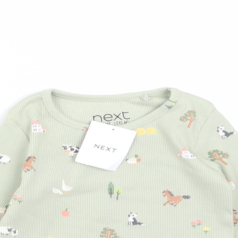 NEXT Girls Green  Cotton Basic Casual Size 6-9 Months Round Neck  - Farm Animals