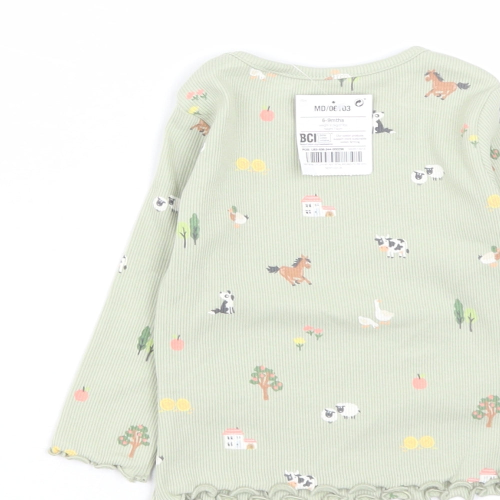 NEXT Girls Green  Cotton Basic Casual Size 6-9 Months Round Neck  - Farm Animals