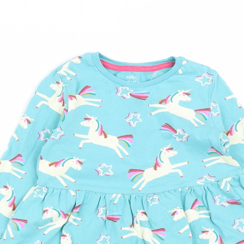 Marks and Spencer Girls Blue  Cotton Fit & Flare  Size 4-5 Years  Round Neck  -  Unicorn Print