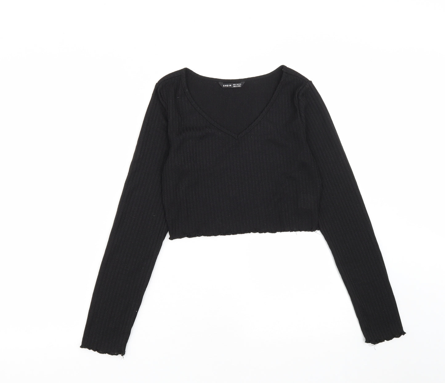 SheIn Womens Black  Polyester Cropped T-Shirt Size M V-Neck