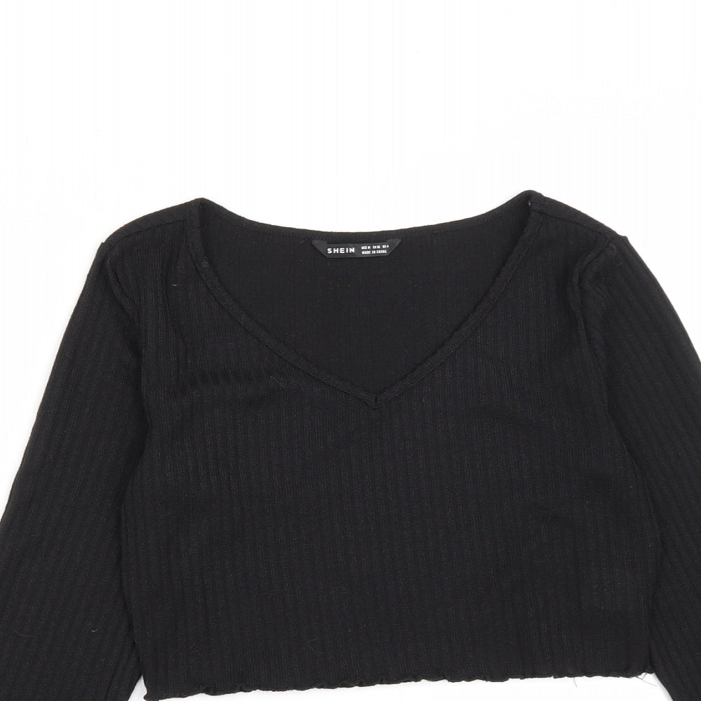SheIn Womens Black  Polyester Cropped T-Shirt Size M V-Neck