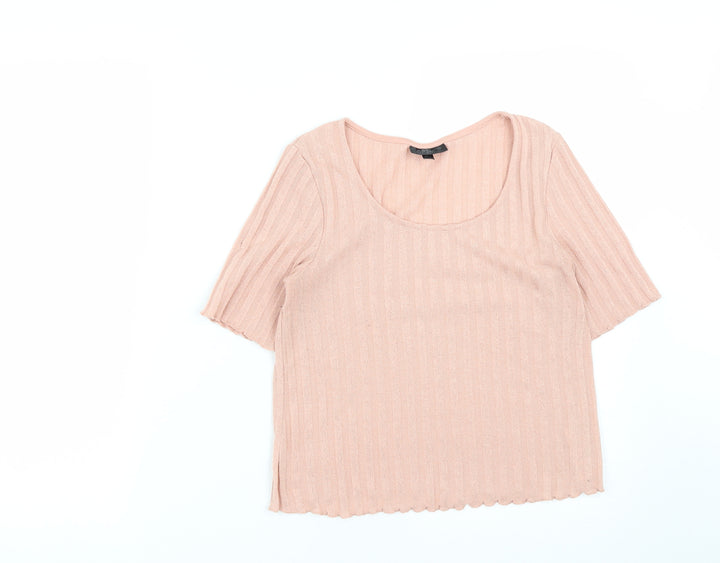 Topshop Womens Pink  Polyester Cropped T-Shirt Size 8 Round Neck
