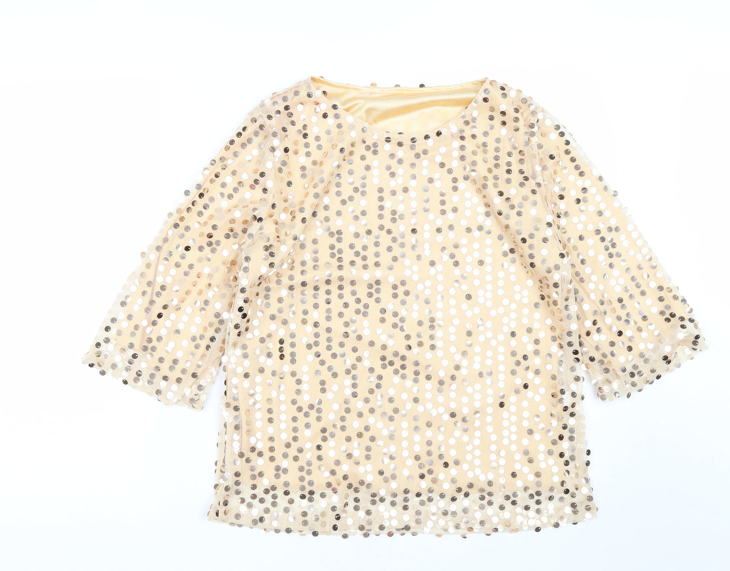 Preworn Womens Gold  Polyester Basic Blouse Size S Round Neck