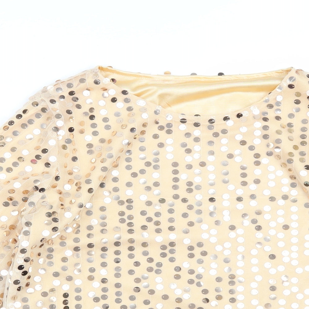 Preworn Womens Gold  Polyester Basic Blouse Size S Round Neck