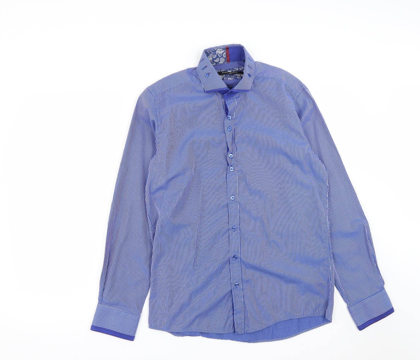 Guide London Mens Blue Striped Cotton  Button-Up Size M Collared Button